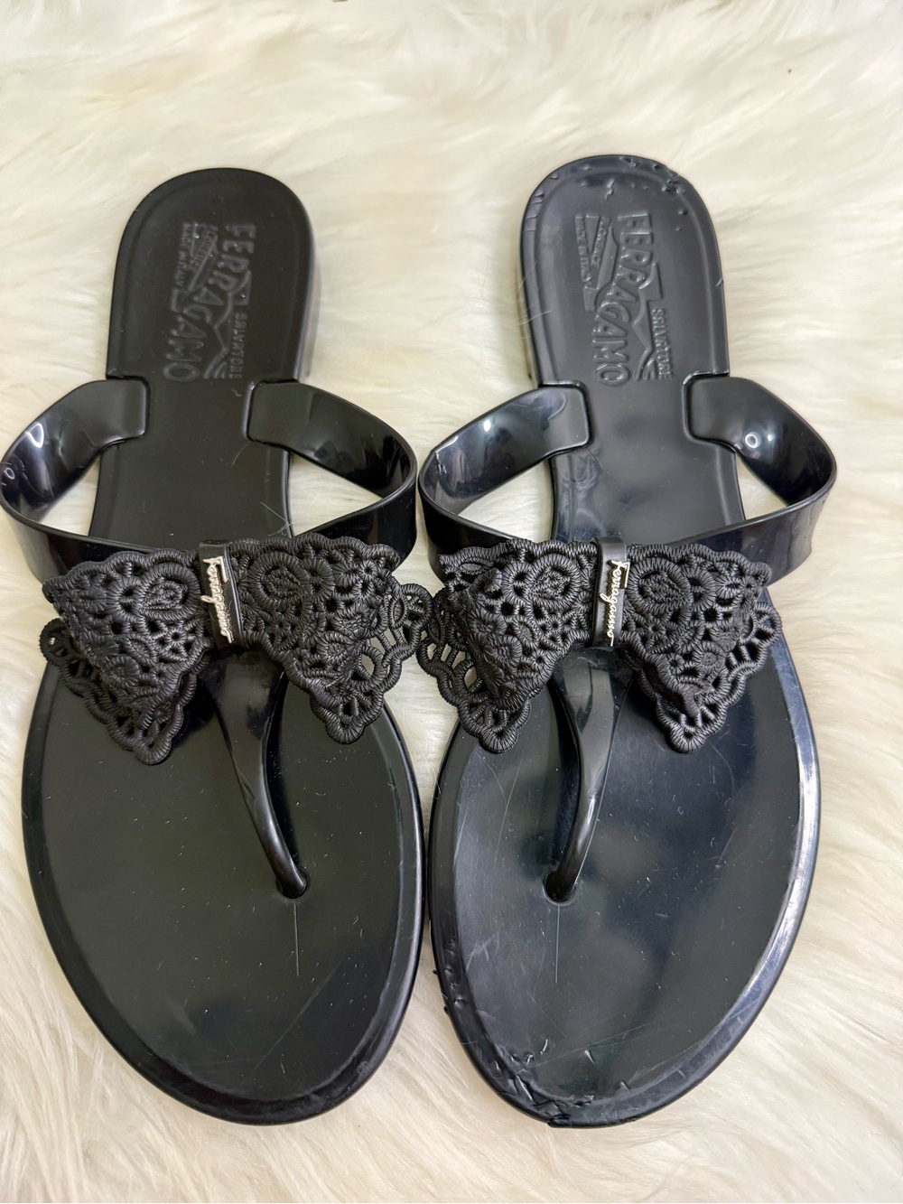 Salvatore Ferragamo Women's Black Crochet Bow Jelly Thong Sandals